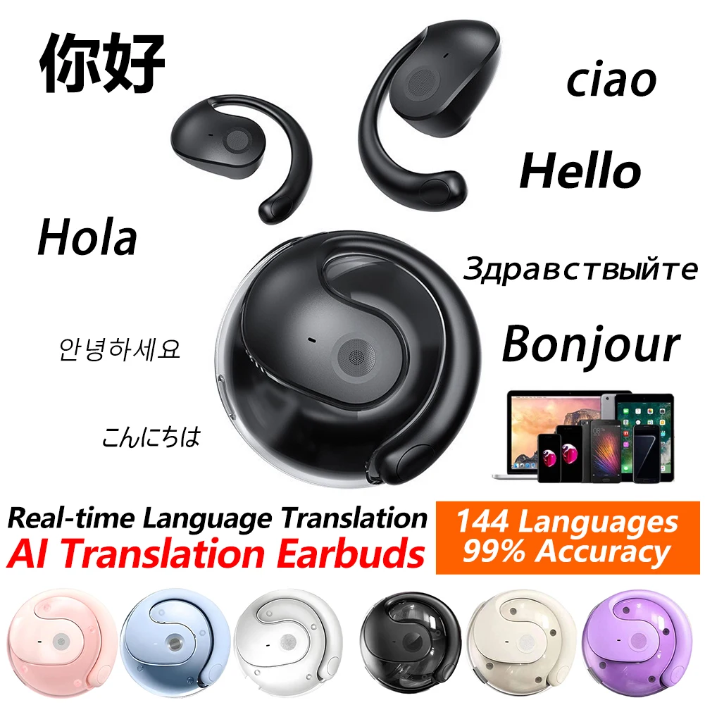 Wireless Smart AI Real-time Language Translation Earphones 144 Languages Ear Hanging Headphone Translator for Travel Learning