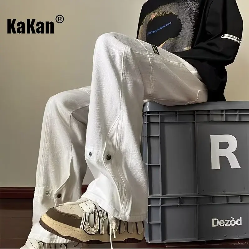 Kakan - Europe and The United States New Functional Button Jeans Men's, White High Street Slim Micro Pants Long Jeans K63-641