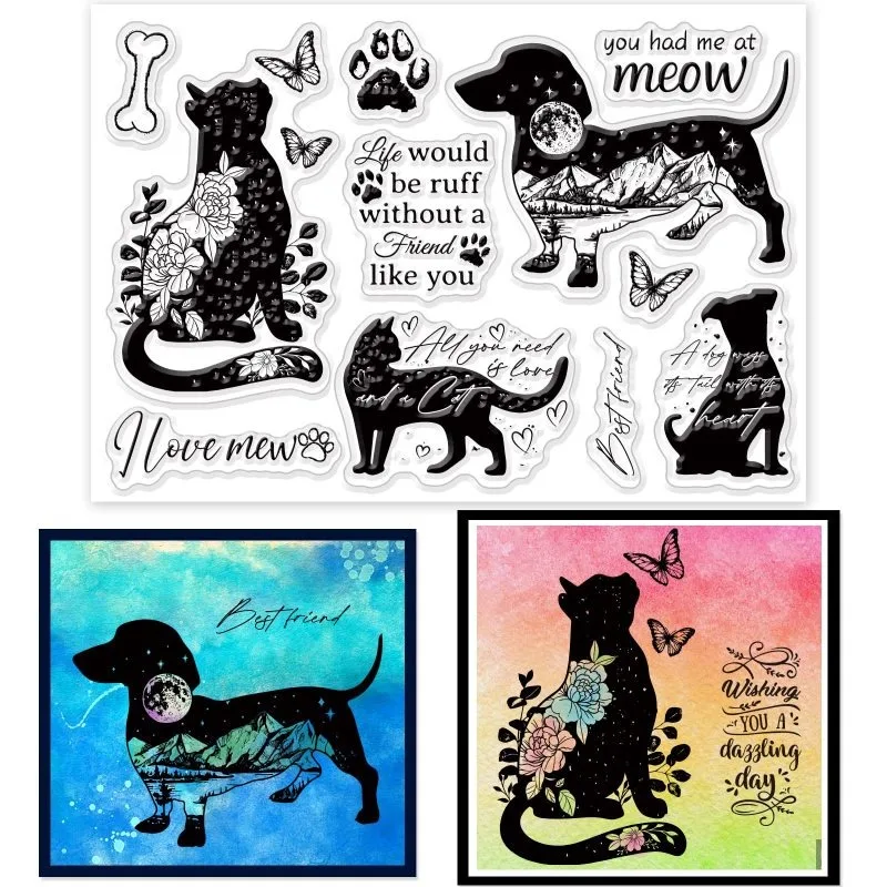 Dogs Cat Silhouette Clear Stamps for DIY Scrapbooking Flowers Landscape Silhouette Silicone Clear Stamp Seals for Cards Making clear stamps clear rubber stamps