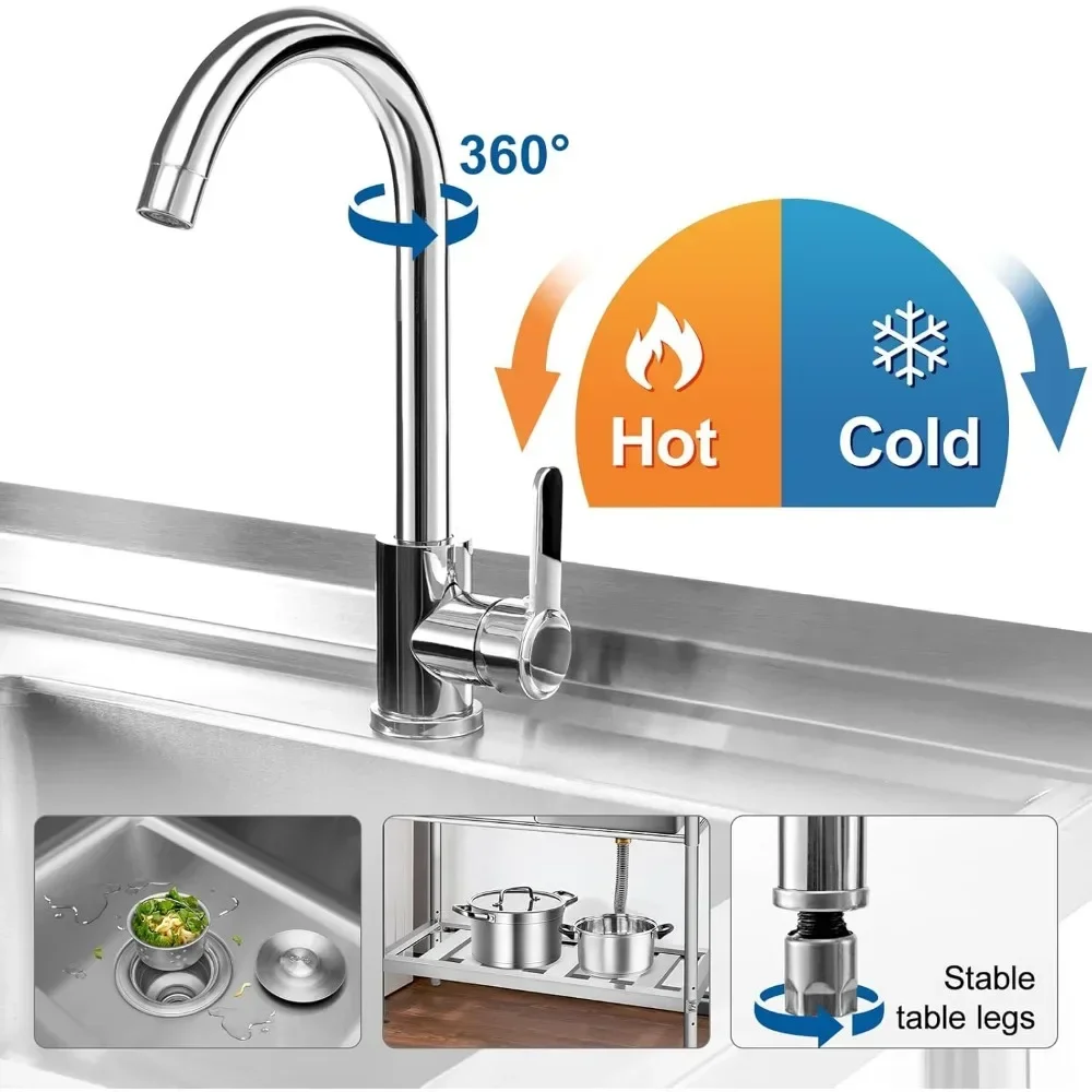 Stainless Steel Utility Sink, Free Standing Single Bowl Kitchen Sink with Cold and Hot Water Pipe for 5