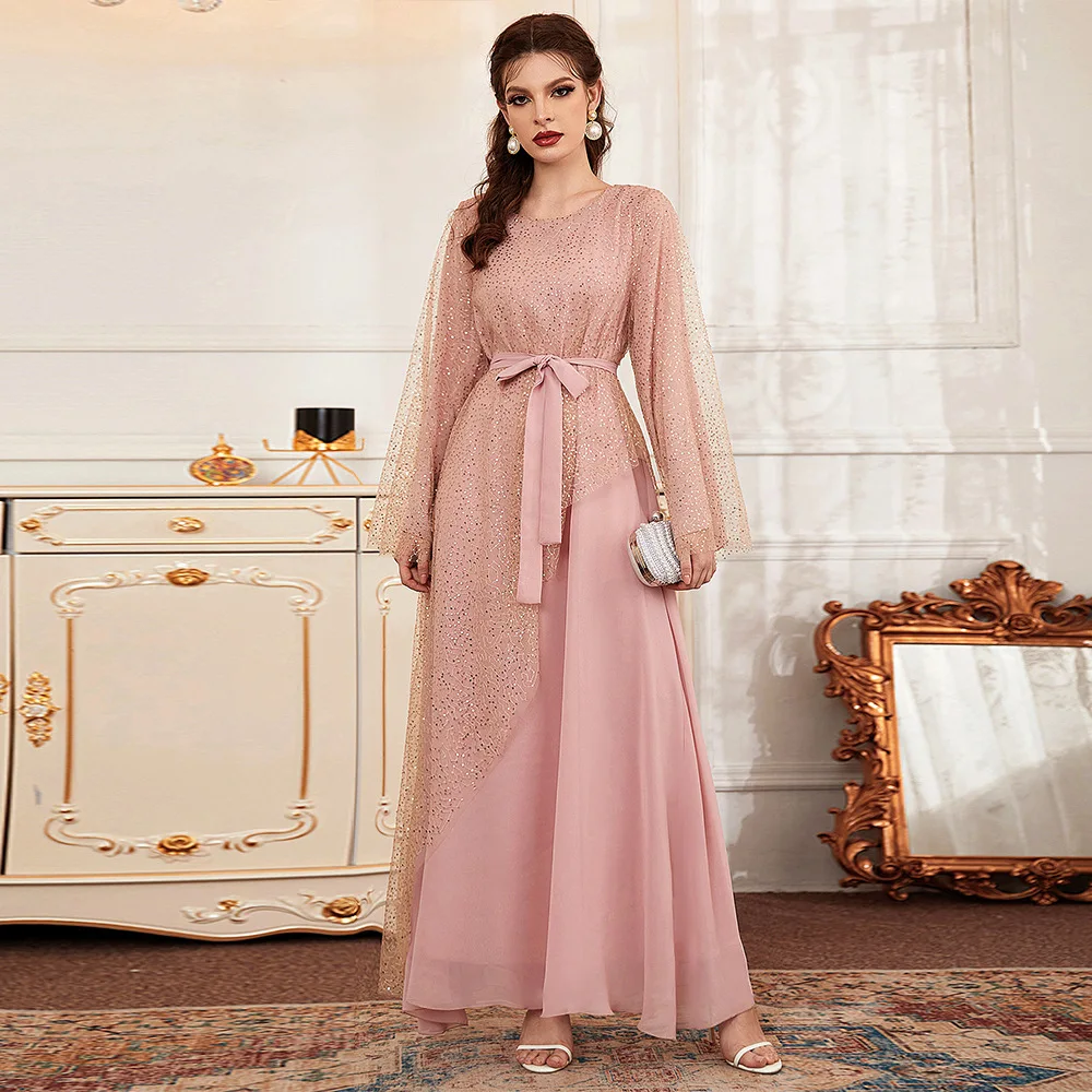 pink lace arab dress Arabic Blush Pink Beaded Lace Luxury Evening Dresses With Cloak Pink / 18W