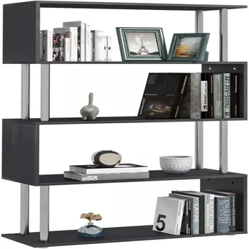 Bibliothèque en forme de S à 5 niveaux, bibliothèque à échelle moderne avec cadre en acier inoxydable et support d'étagère en bois en forme de Z