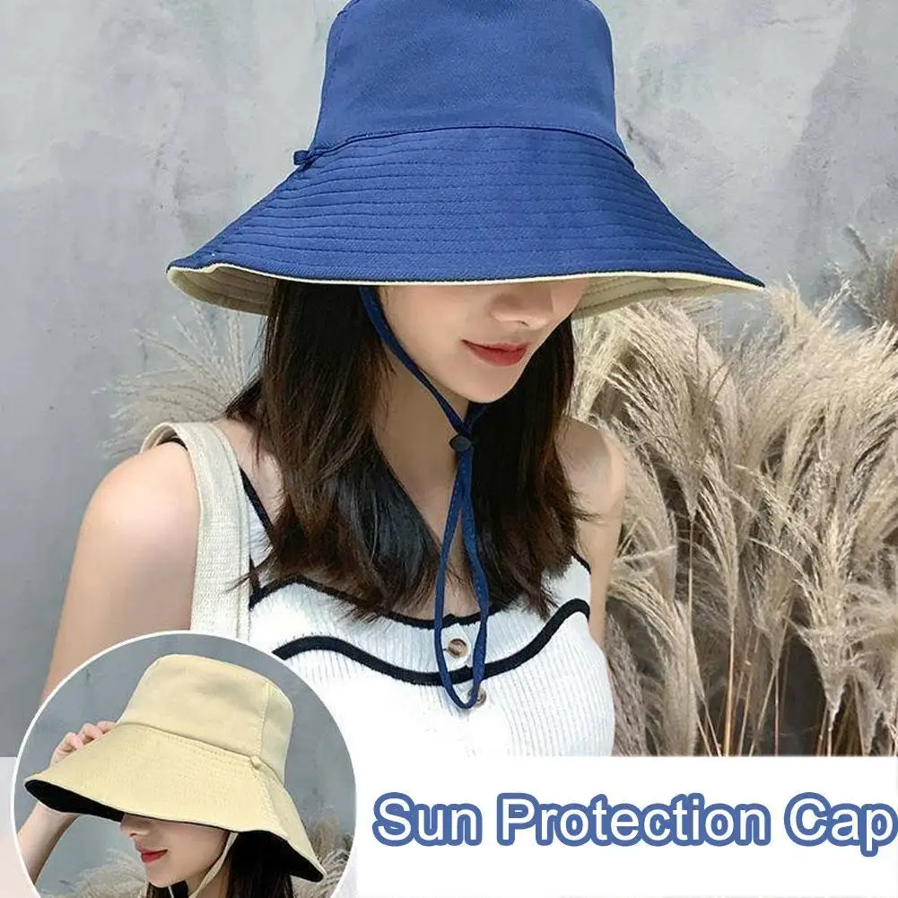 Women Summer Sunhat Cotton Ponytail Bucket Hat Outdoor Sun Visor Color Cap Hats Panama Foldable Adjustable Solid Beach Fish J6Z6