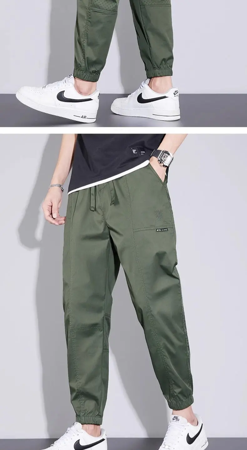 Description Picture 3 of itemSummer Solid Color Fashion Elastic Waist Ankle Length Pants Man High Street Pockets Patchwork Drawstring All-match Cargo Pants