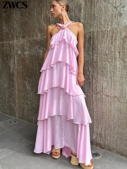 Abiti a strati con volant a fiori 3D Abiti da donna eleganti in chiffon senza schienale senza maniche Abito lungo soffice 2025 Estate New Lady Beach Robes 1