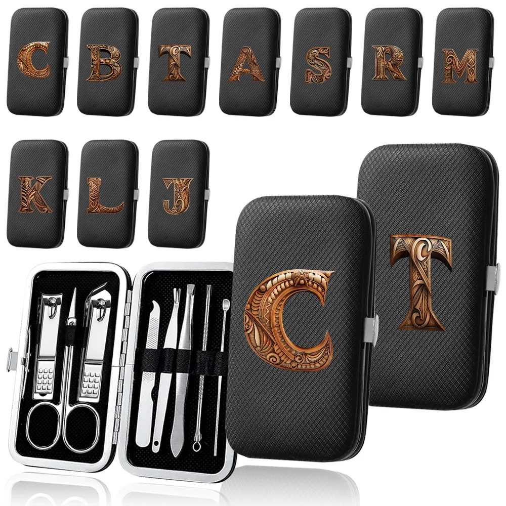 8Pcs Stainless Steel Manicure Set Pocket Nail Clipper Kit Portable Organizer Pedicure Nail Scissor Tool Wood Art Letter Pattern