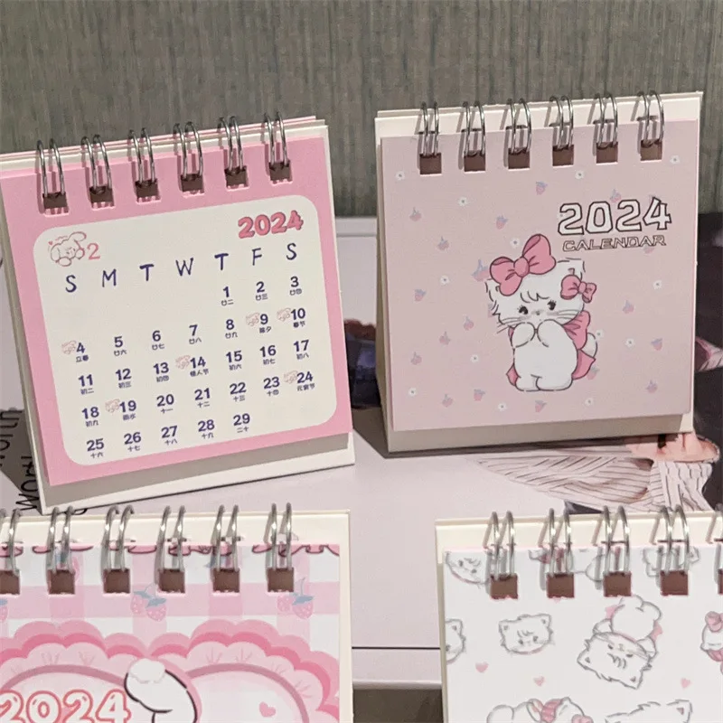 2024 Mini Cute Cartoon Pink Cat Desk Calendar Standing Flip Desktop Calendar Small Daily Planning Monthly Calendar For Home