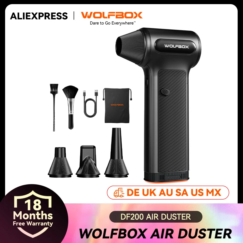 WOLFBOX DF200 - Potente Ventilador Eléctrico Inalámbrico, Soplador de Aire, 3 Velocidades Ajustables, Ventilador Portátil para Coche/Hogar/Exterior