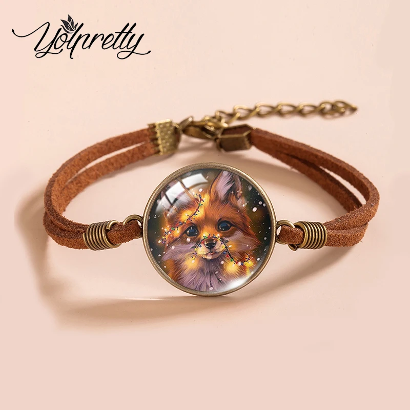 Bracelet Jewelry Leather Bracelets Fashion Fox in Forest Oil Paintings Handcraft Jewelry Glass Round Dome Leather Bracelets