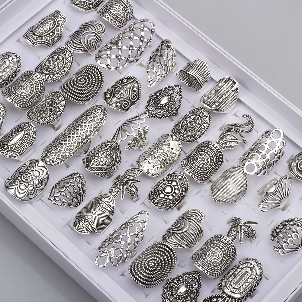 Vintage Punk Hollow Rings for Women Carved Silvery Flower Leaf Finger Ring Wedding Band Jewelry Gift 20Pcs/Lot