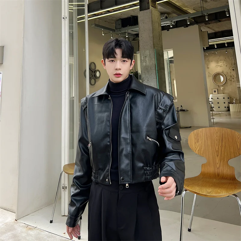 Fashion Men Motorcycle Leather Jacket Lapel Long Sleeve Zipper Solid Casual Coat Streetwear Korean Stylish Crop Jackets
