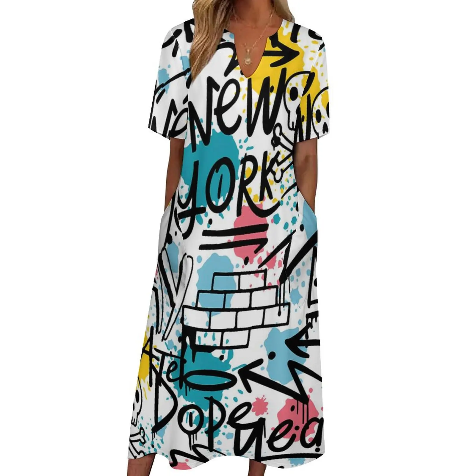 

Graffiti Print Dress New York Cute Maxi Dress Short Sleeve Pattern Bohemia Long Dresses Korean Fashion Oversized Clothing