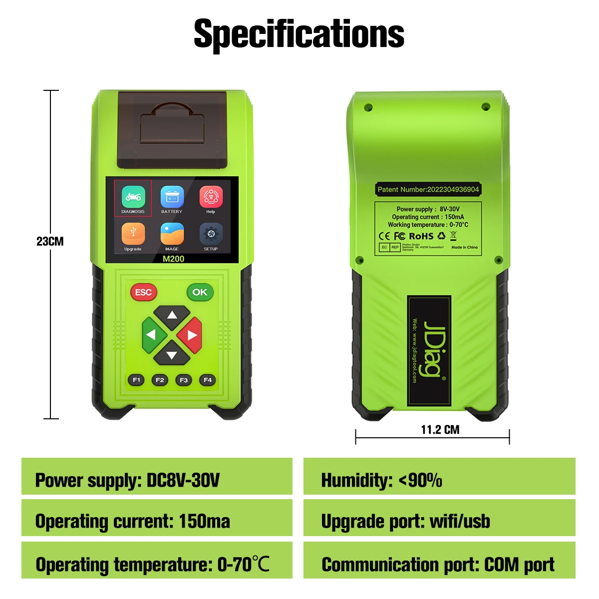 JDiag M200 Full Sets EFI Motorcycle Diagnostic OBD2 Code Scanner 12V 24V Battery Cranking Charging Tester 3.2 Inch Color Screen