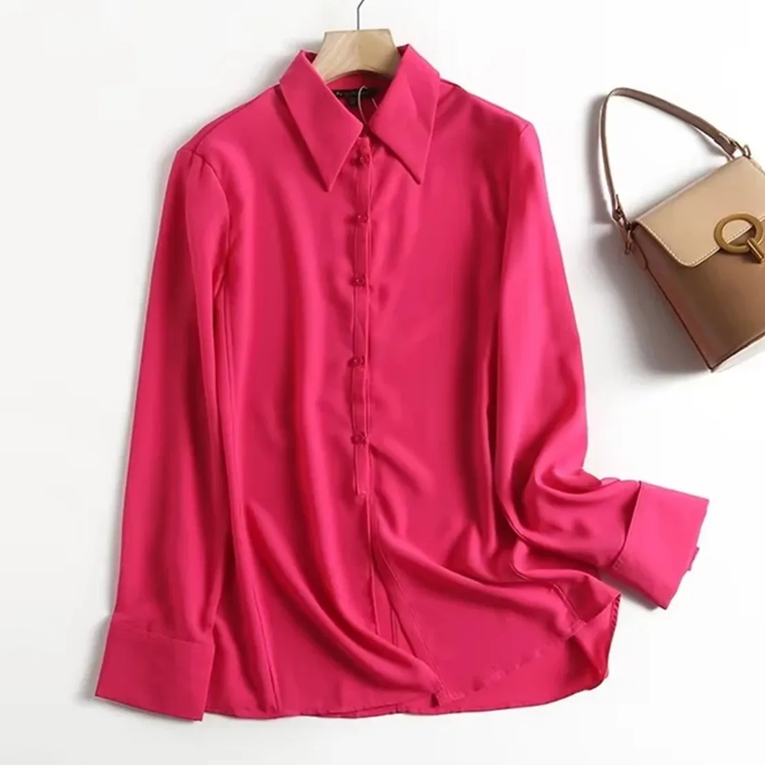 

Maxdutti Rose Red Color Solid Loose Shirt Women England Style High Street Fashion Autumn Blouse