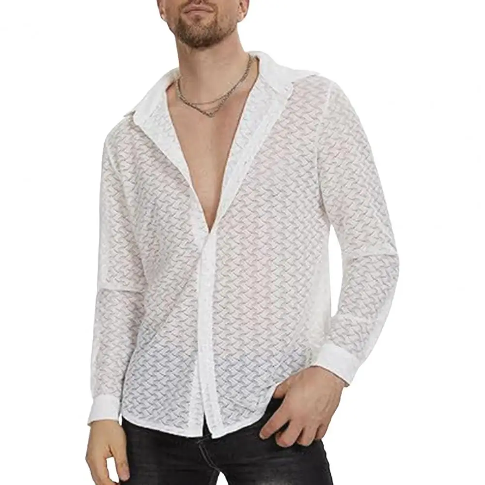 

Men Lace See-through Shirt Stylish Men's Lace Mesh Cardigan With Turn-down Collar For Beach Vacation Long Sleeve For Summer