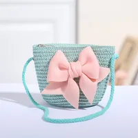 Cute Bow Straw Shoulder Bags Baby Girls Handmade Woven Crossbody Bag Princess Kids Messenger Bags Mini Coin Purse Beach Handbags 5