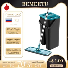 Squeeze Flat Mop With Bucket Free Hand Magic Microfiber Flexible Floor Mop Rag Wringing Rotary Tools For Clean Kitchen Household