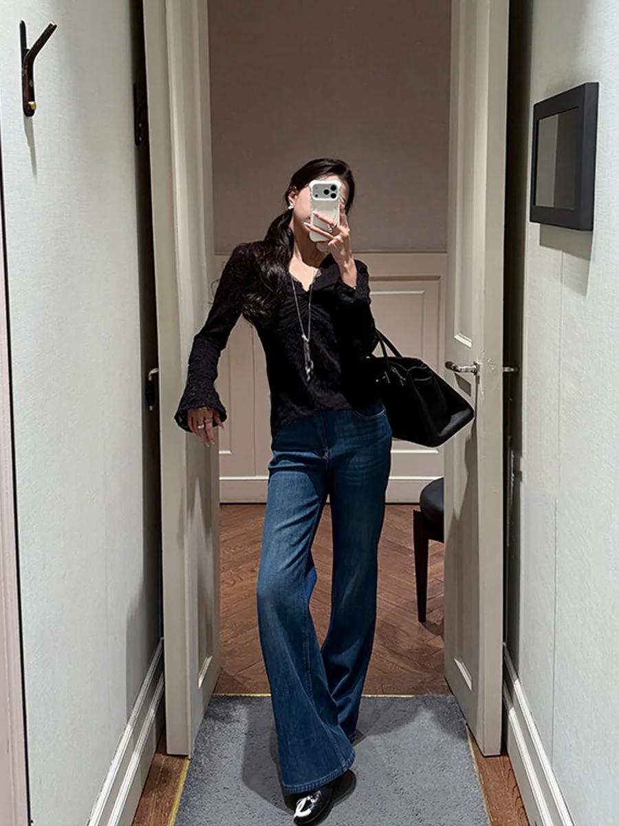 출산 바지 봄 새로운 스타일 벨 바닥 얇은 신축성 있는 임산부용 스트레이트 레그 청바지 올 시즌 긴 바지