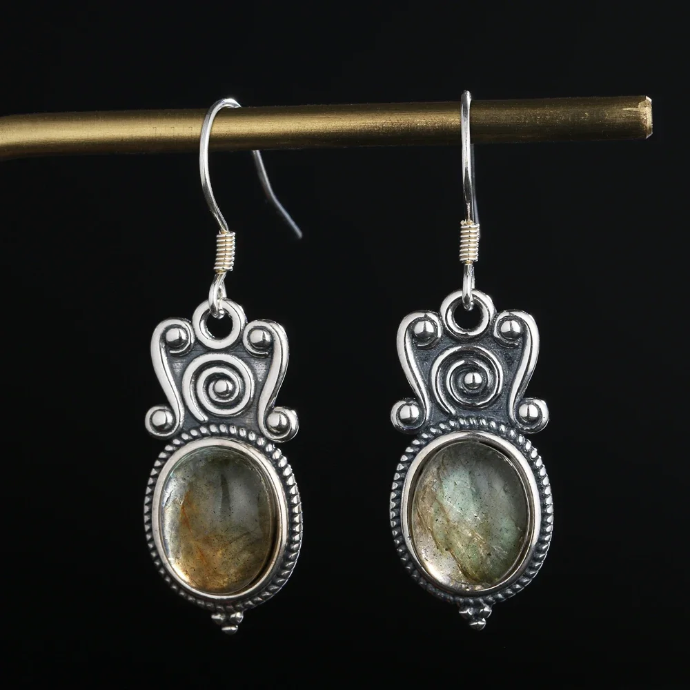 

925 Sterling Silver Natural Labradorite Drop Earrings for Women Vintage 8x10MM Oval Stone Earring Party Gift Ear Jewelry