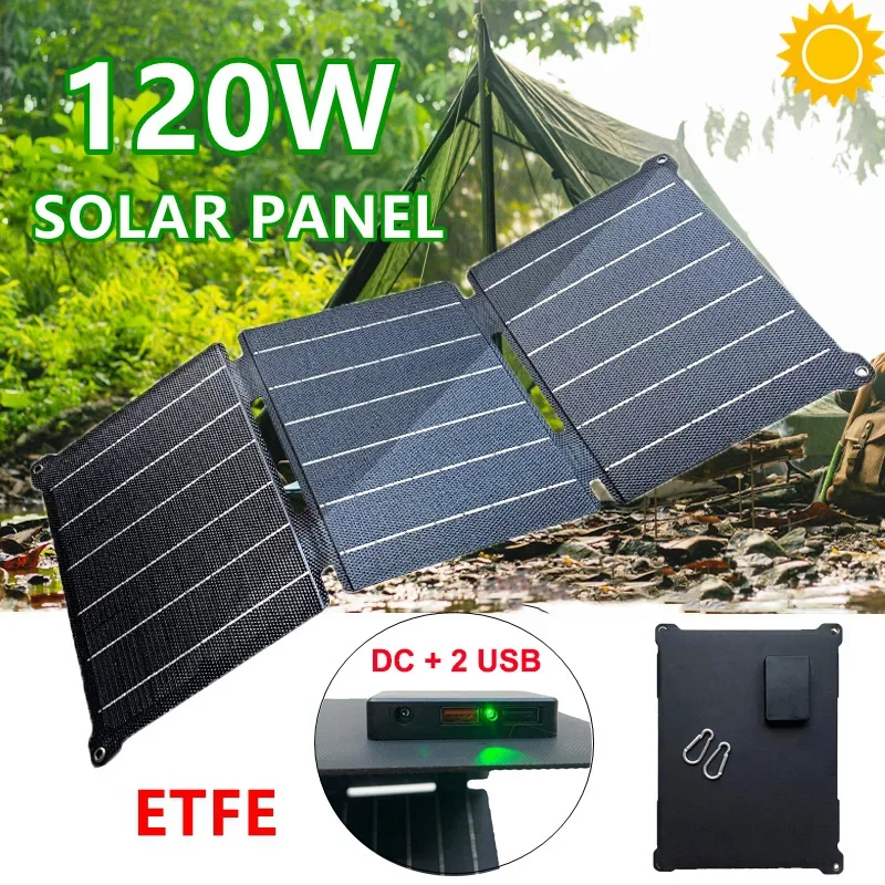 Caricabatterie solare pieghevole da 120W con pannello solare ETFE USB 5V/DC 12V celle di ricarica sicure caricabatterie solare per telefono per campeggio all'aperto domestico