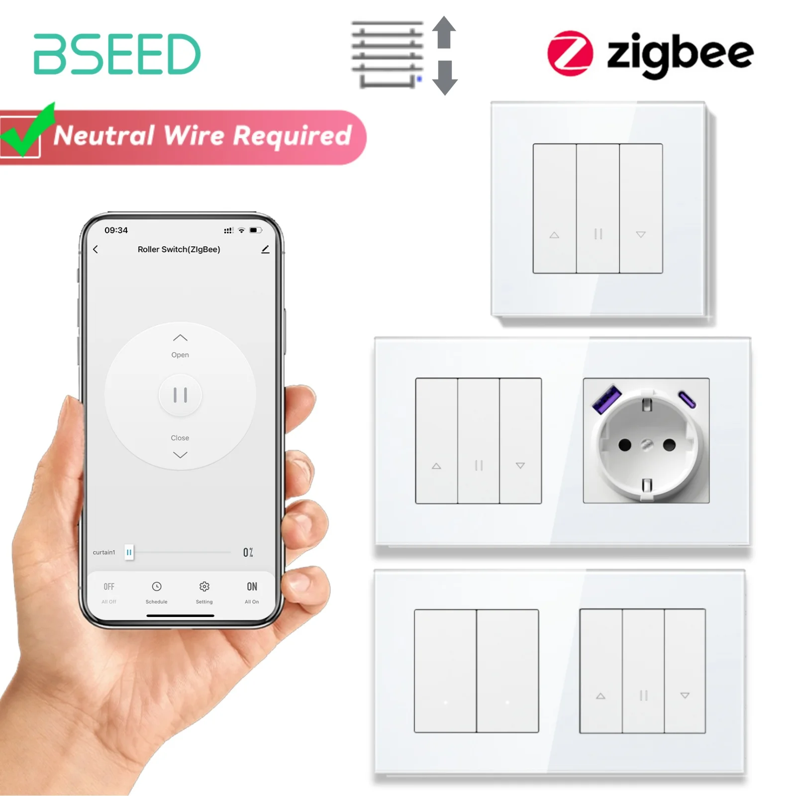 BSEED Zigbee Shutter Switch Series Wall Smart Click Switches Yellow Backlight Glass Frame Tuya APP Roller Switch EU Wall Sockets