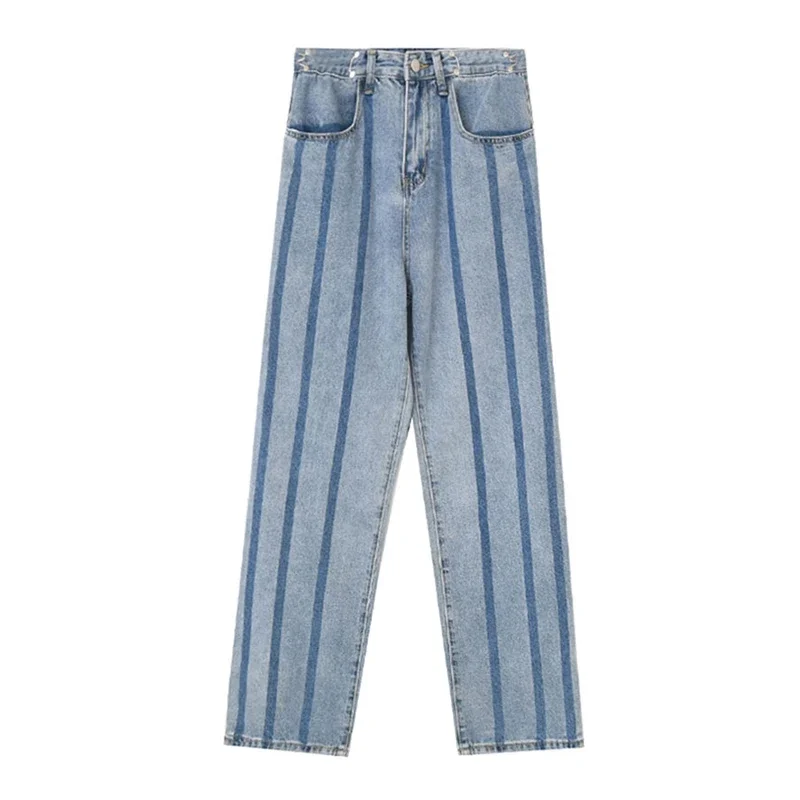 Korean Style Contrast Color Striped Long Jeans 2021 Summer Harajuku High Waist Trousers Loose Fashion Chic Denim Wide Leg Pants