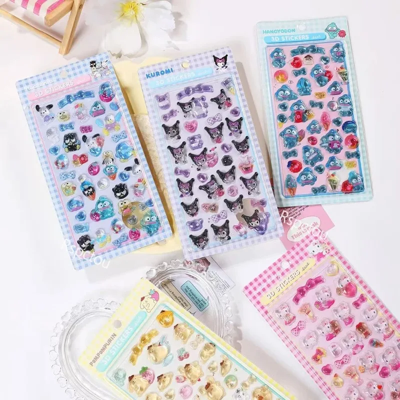 3D Sanrio Hellokitty Kuromi 스티커 귀여운 애니메이션 투명 젤리 크리스탈 장식 DIY 스티커 전화 케이스 어린이 장난감 파티 선물