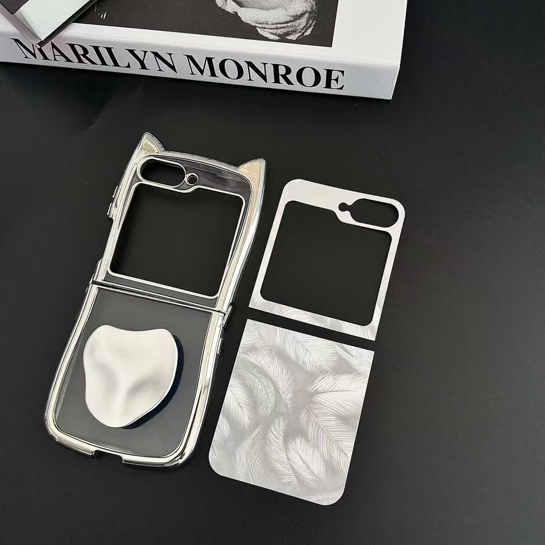 Samsung Galaxy Z Flip 3 4 5 6 Cute kaķa ausu spalvu sirds spoguļa turētāja statīvs mirdzošs tālruņa korpusa vāciņš_voghion.com