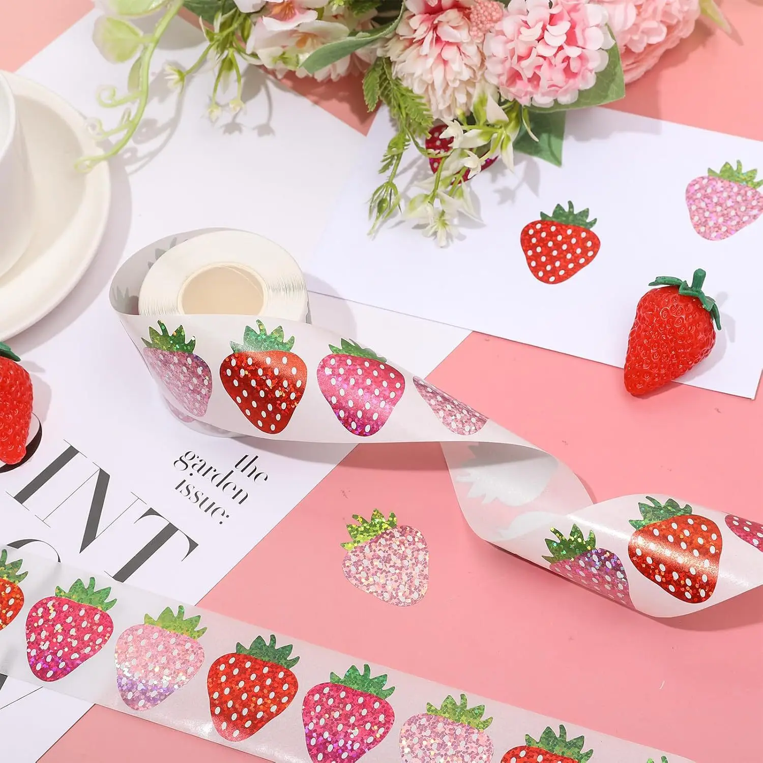 500 Pcs 딸기 스티커 롤 홀로그램 핑크 레드 베리 과일 씰 스티커 3 색 봉투 스크랩북 용 방수 데칼