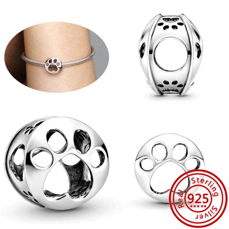 Beads Charms 925 Sterling Silver Cute Animals Dog Paw Print Pendant Love Heart Beads Fit Original Pandora Bracelet DIY Jewelry Making
