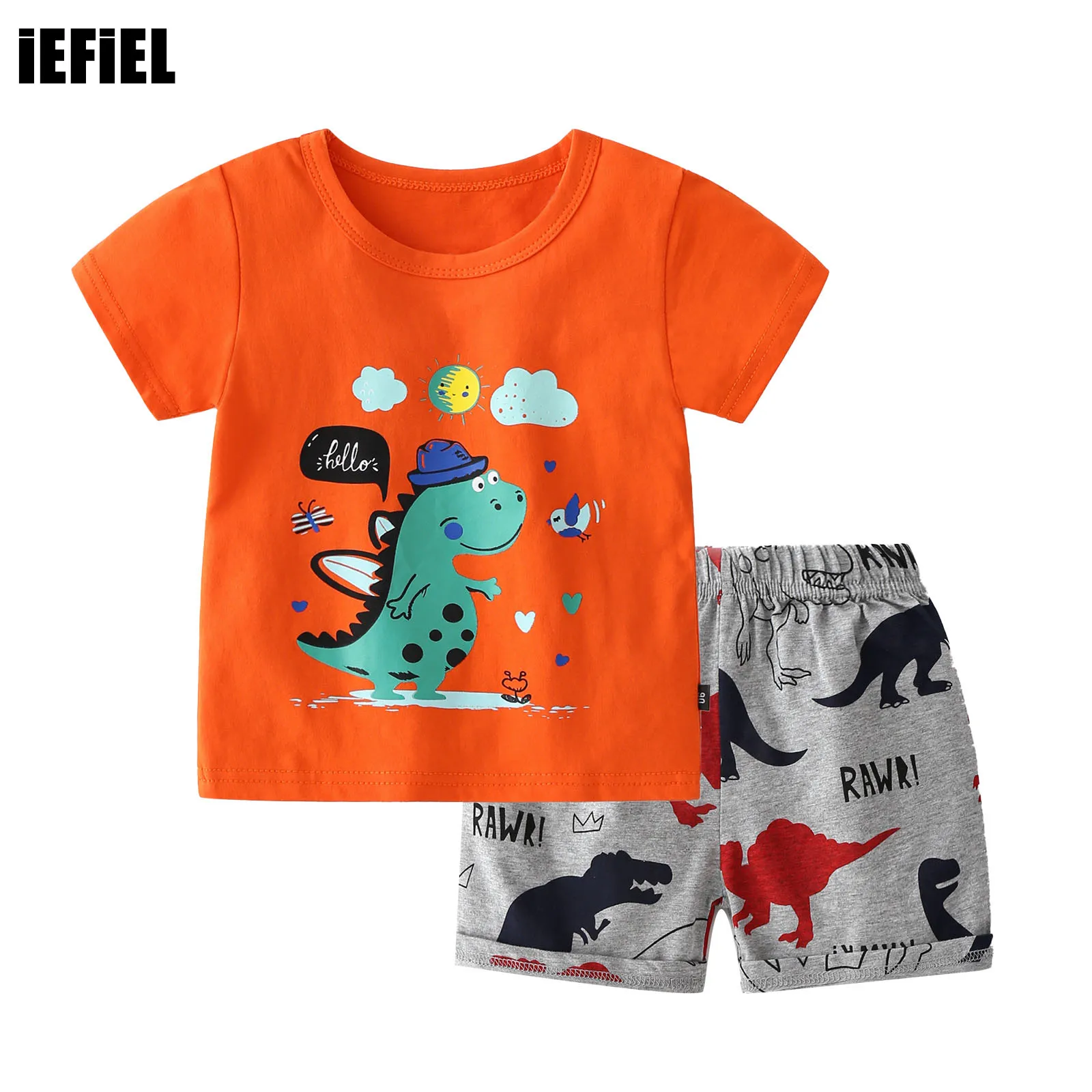 

Little Baby Boys Summer Clothes Set Short Sleeve Round Neckline Cute Cartoon Print Top with Elastic Waistband Shorts