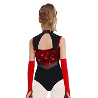 Girls Gymnastics Dance Performance Outfit Mock Neck Sleeveless Cutout Back Sparkling Sequins Color Block Leotard with Gloves - Image 4