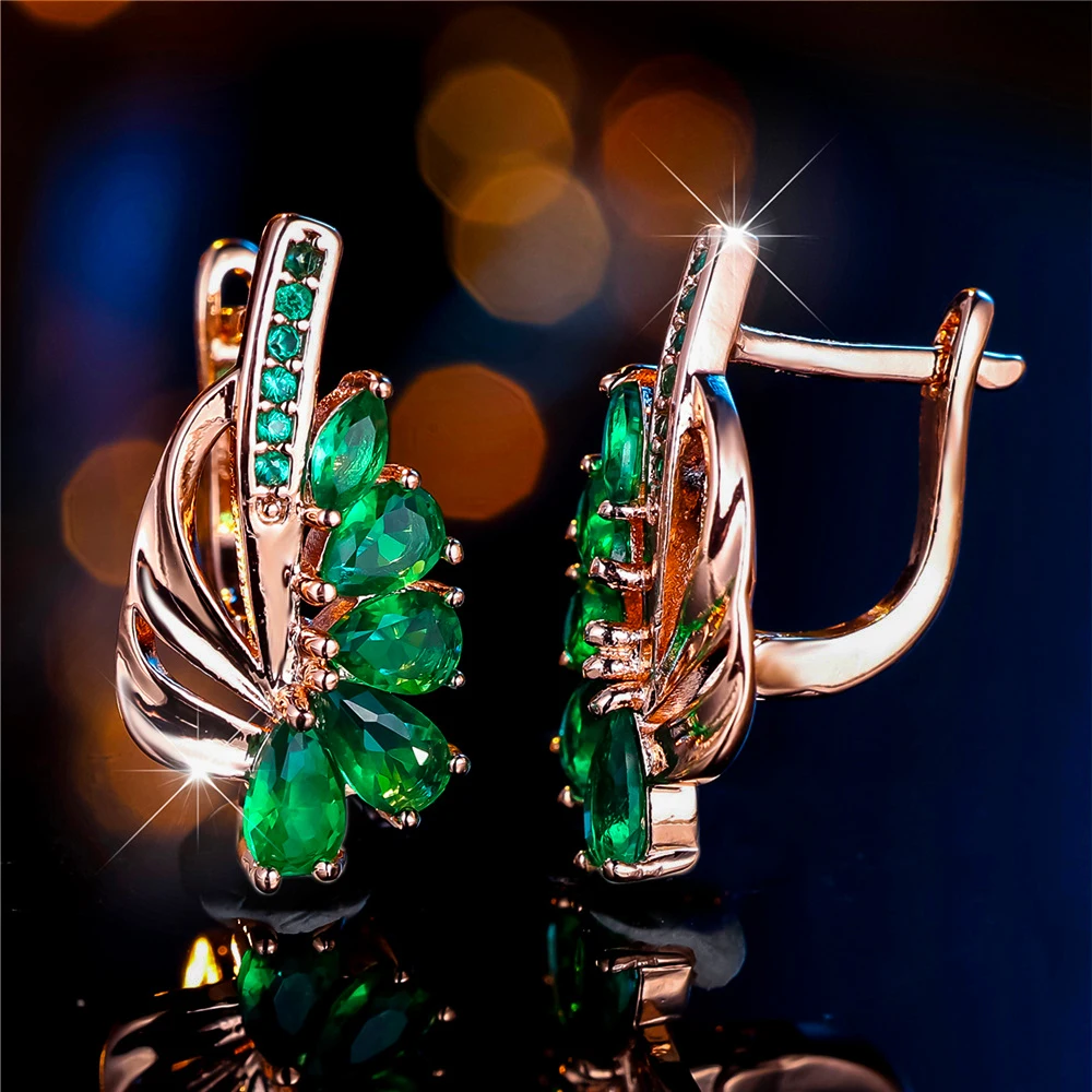 Luxury Female Green Zircon Stone Clip Earrings Charm Gold Color Trendy Wedding Jewelry For Women