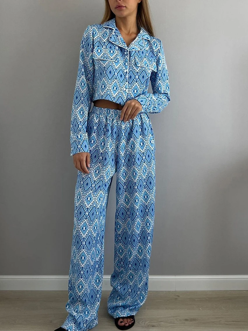 Marthaqiqi Printing Femme Nightwear Set Turn-Down Collar Sleepwear Long Sleeve Crop Top Pajama Pants Casual Nightie 2 Piece Suit