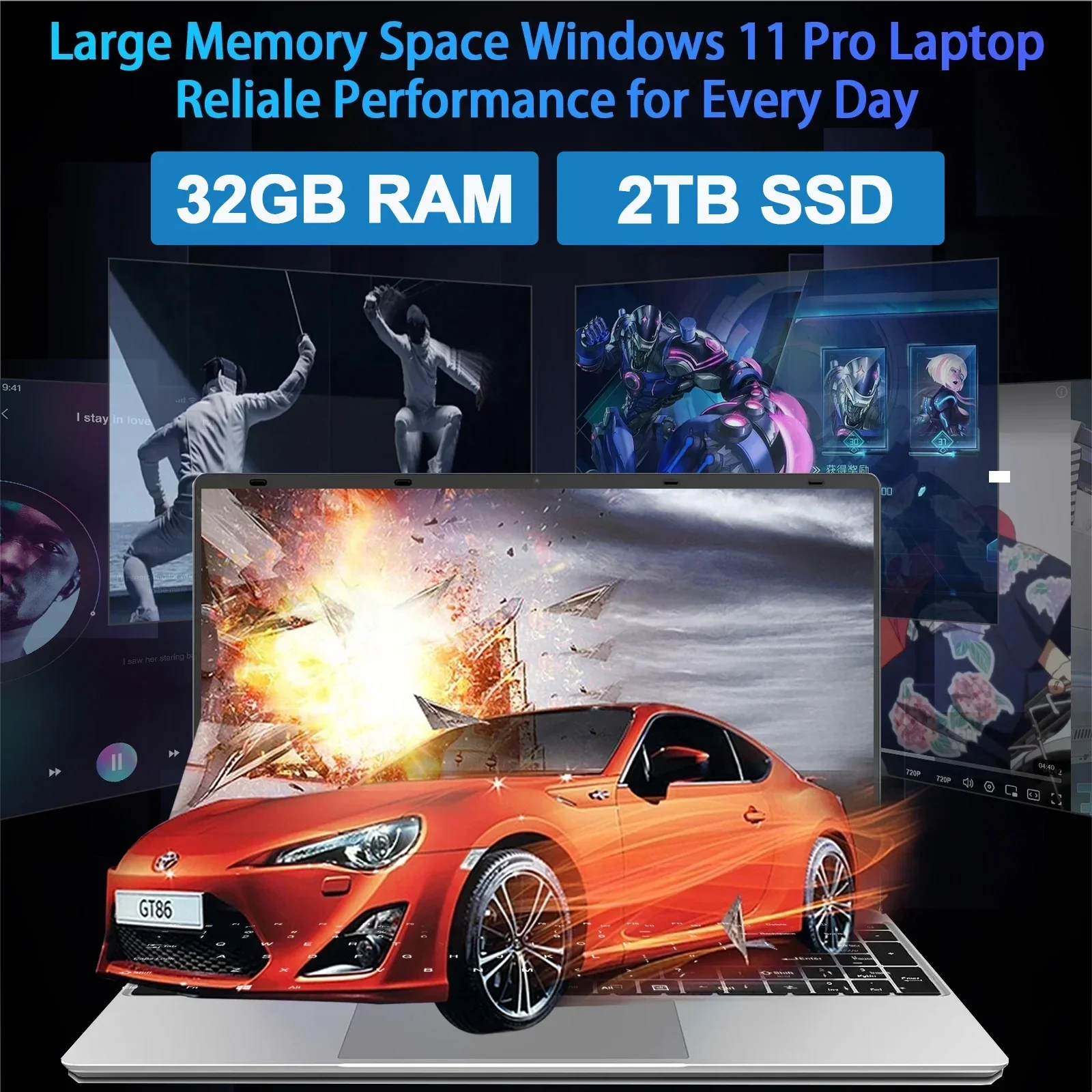 2025 레노 15.6인치 휴대용 노트북 32GB 램 2TB SSD 인텔 6500Y 오피스 윈도우11 노트북 5000mAh 게이머 PC 백라이트 지문인식 탑재
