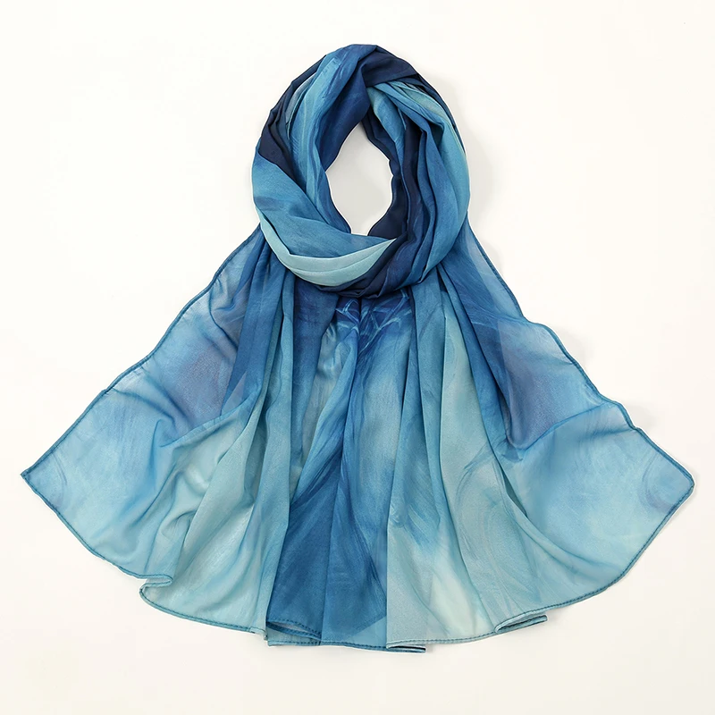 Hot Sale Watercolor Digital Print Chiffon Hijab Scarf Woman Muslim Hijab Shawls Lady Colorful Blue Ethnic Turban Bandana 5