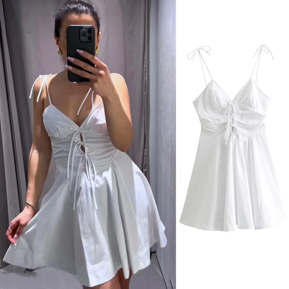 PB&ZA Women's 2024 Summer New Fashion Suspender Skirt Bow Decorated Windbreaker Fabric Dress 2802/002