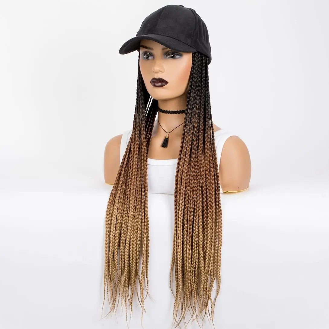 WIGERA Synthetic Ombre Honey Brown 24&ldquo; Braiding Hair Baseball Cap Hat Wig With Braided Box Braids Hair Extensions Women synthetic hair wigs