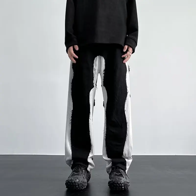 

2023 Y2K Fashion Patchwork Black Baggy Stacked Jeans Pants For Men Clothing Straight Women Wide Leg Long Trousers Pantalon Homme