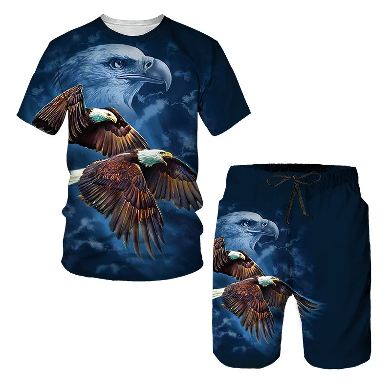 thumbnail image 1 of Nuevo conjunto de verano de manga corta con estampado 3D de águila del Día de la Independencia con relámpagos y arcoíris, conjunto de pantalones de playa de manga corta, 1 of 5