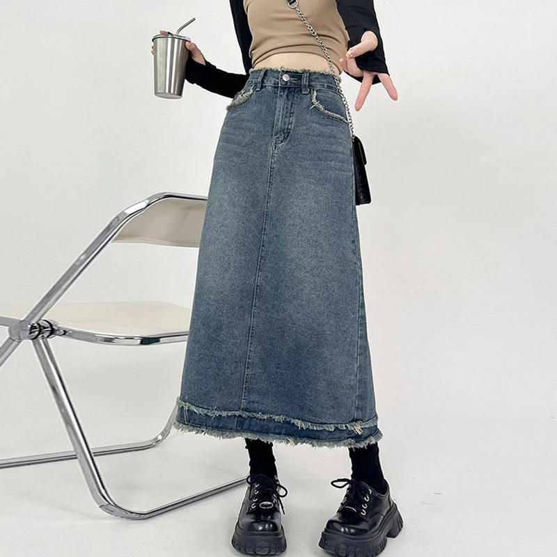 Splicing Denim Skirt for Women 2024 High Waited A-Line Skirt Korean Blue Skirts Spring Fashion Length Skirts Women's Clothing