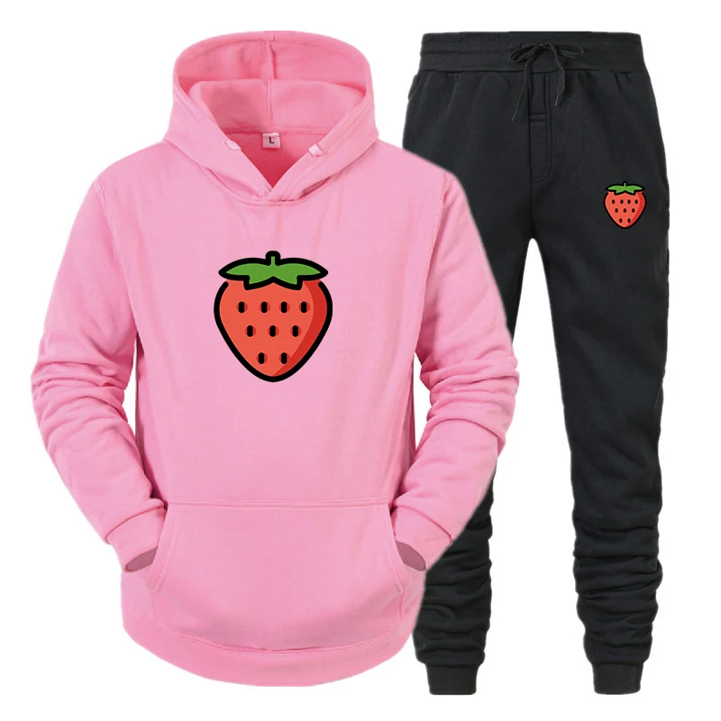 Strawberry Printed Women Tracksuit Hoodies+Pants Fleece 2Pieces Set Streetwear Sweatershirts Sweatpants Streetwear Outfits fashion lover couple clothing sportwear set king queen printed hooded clothes 2pcs set hoodie and pants suit hoodies women