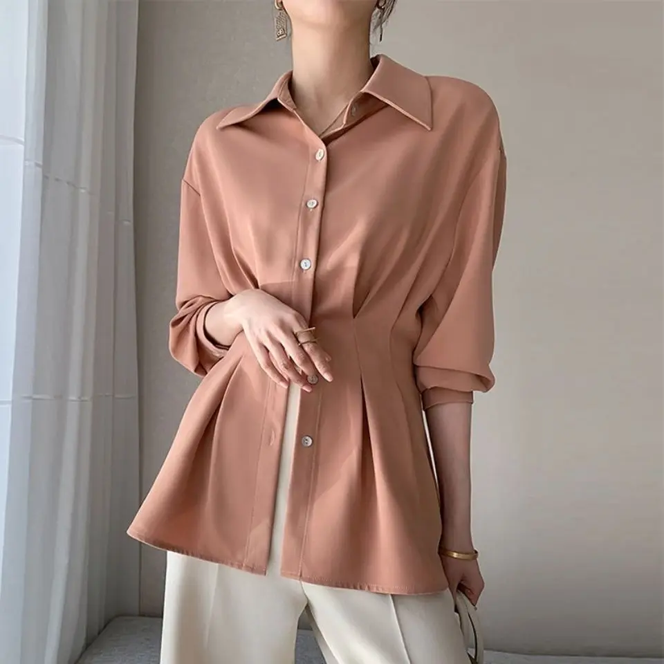 Office Lady Solid Colour Pleated Design Lace Up Belt Chiffon Medium Length Shirt Thin Light Ripe Girl Women Turn Down Collar