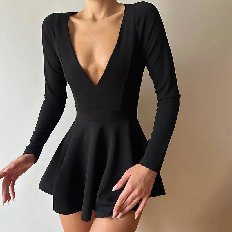 Fashion Spring and Summer Women's New Deep V Long-sleeved Dress Y2k Solid Color Elegant Waist Slim-fitting A-shaped Casual Skirt