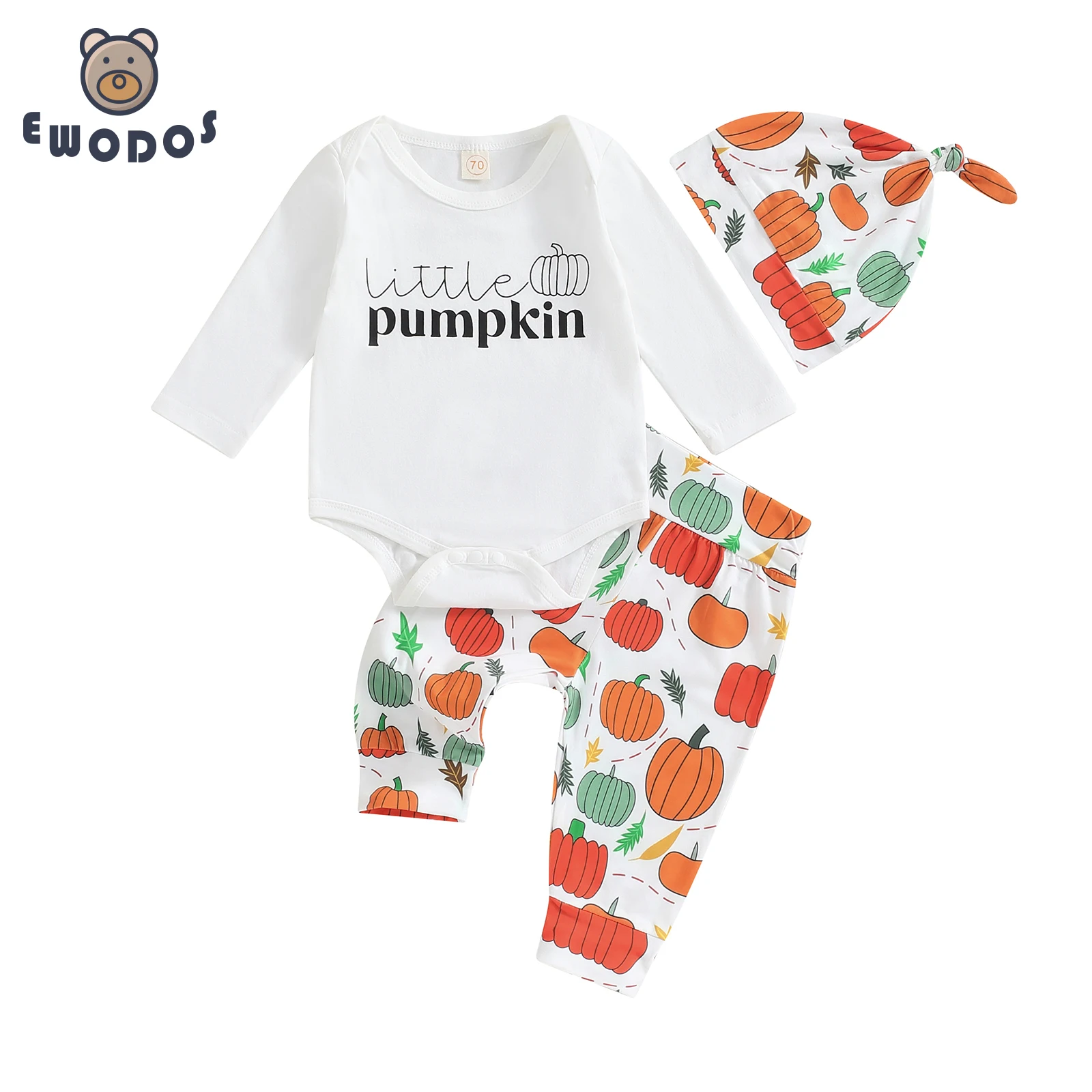 

EWODOS Newborn Baby Boys Fall Outfit Halloween Pants Set Long Sleeve Letters Print Bodysuit Pumpkin Print Sweatpants Hat Sets