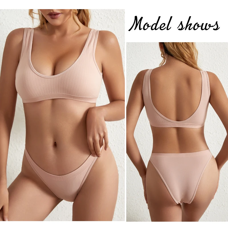 CINOON Women Seamless Bra Set Sexy Lingerie Ribbed Tops Bra Briefs Set Low Waist Panties Wirefree Bralette Female Underwear Set ethika set