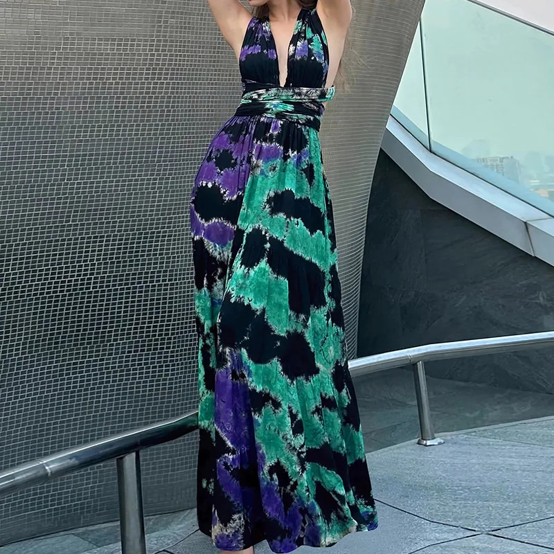 

Luxury Female Deep V-neck Party Dress Sexy Women Tie-dye Slim Halter Dresses Elegant 2024 Cross Backless High Waist Maxi Dress