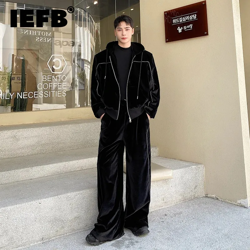 

IEFB Korean Velvet Men's Casual Set Personalized Ribbon Hooded Sweatshirts Trendy Wide Leg Pants 2023 Autumn Two-piece 9C2950