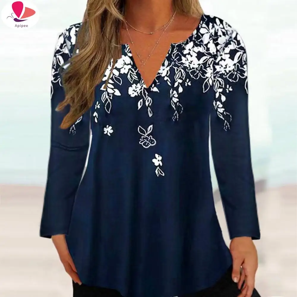 

APIPEE 2023 Autumn/Winter New Women's Fashion Printed V-Neck Long Sleeve T-Shirt Top y2k lady tops tees ropa de mujer