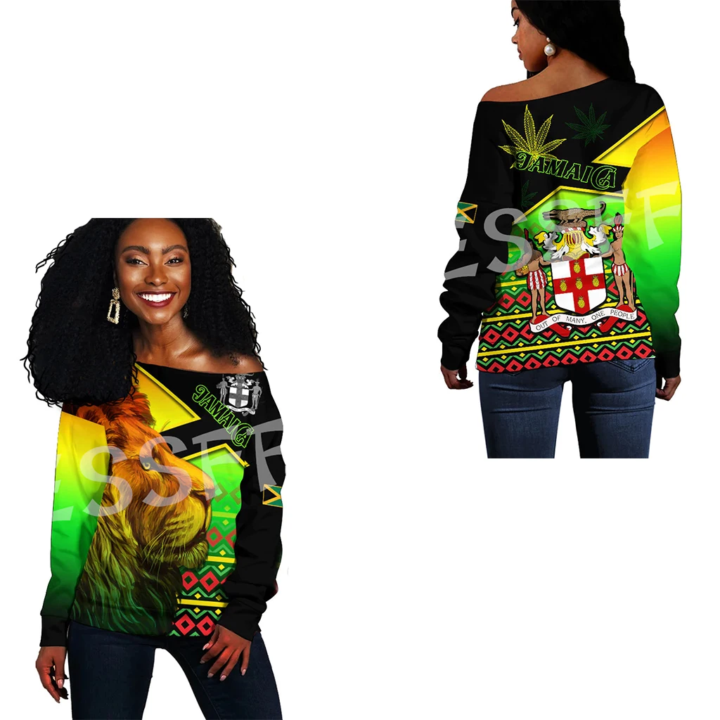 

Reggae Jamaica Country Flag Lion Tattoo Tribe Retro Off Shoulder Sweatshirts Long Sleeves 3DPrint Harajuku Women Funny Casual X7